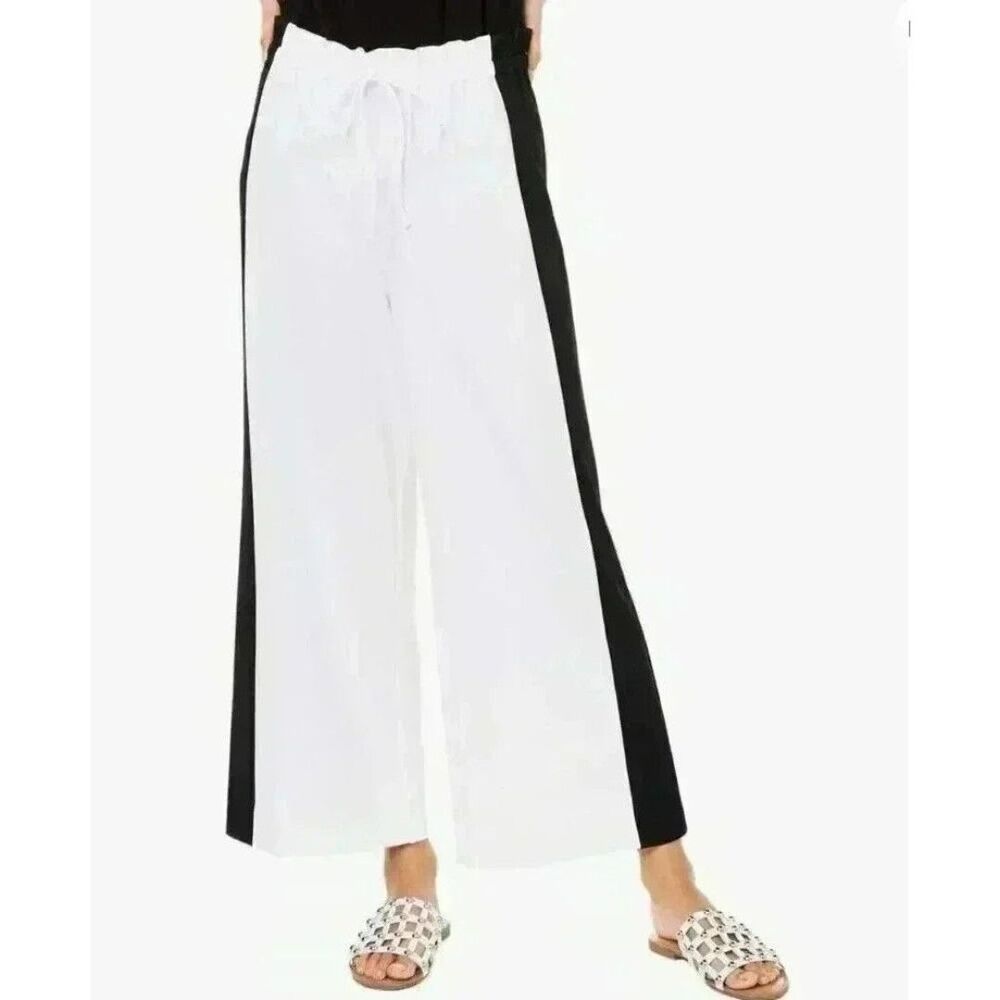 Bar III, Womens Paperbag Colorblock Wide Leg Pants, Black/White, Large